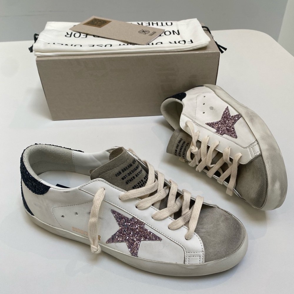 Golden Goose Superstar Sneaker White Leather/Taupe/Black/Mauve Glitter sz 40 NIB - Picture 12 of 12